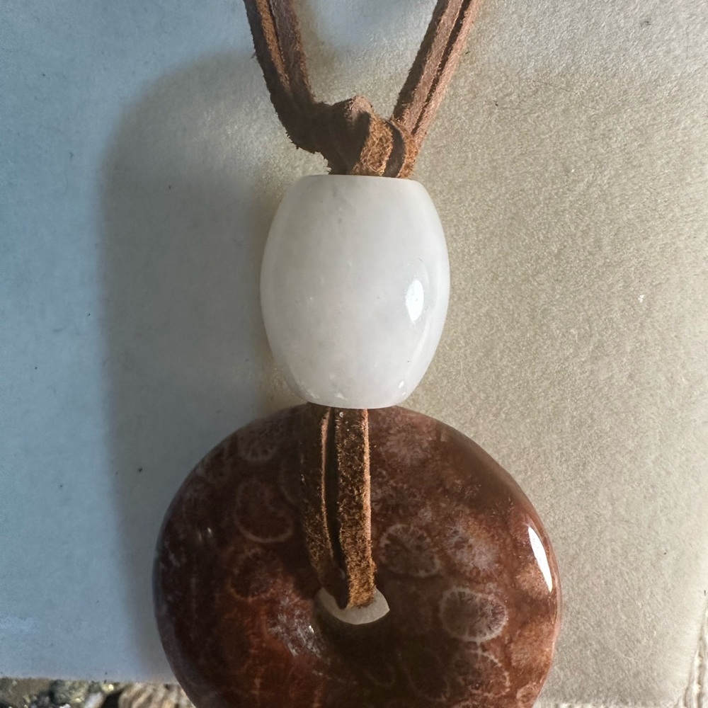 Coral Fossil Jade Donut Pendant Necklace - Picture 8 of 9